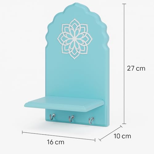 Image of Globally Indian Engineered Wood Keys Holder for Wall with Shelf, Mandala Design Key Stand Organizer for Home Entrance, Decorative Key Hanger for Wall, Entryway, Living Room, Floating Wall Shelf (Blue)