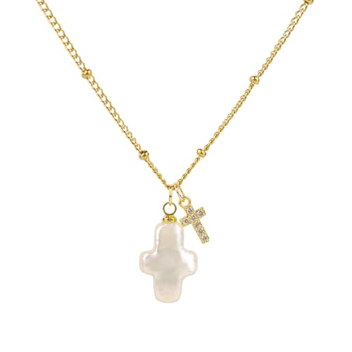 Cross Pearl Necklace for Women - Nature Freshwater Baroque Cross Necklace Gold Cross Pendant Necklace Faith Christian Gifts for Women
