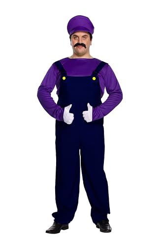 HENBRANDT Déguisement de mauvais plombier violet pour homme - Taille XL - Style rétro années 80 - Violet + noir - Costume de moustache - Taille unique XL