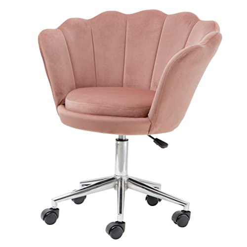 Baroni Home Poltrona Imbottita con Schienale a Conchiglia in Velluto Rosa Cipria con Ruote Argento, Sedia con Ruote da Scrivania, Altezza Regolabile, Super Confortevole 69x71x84 cm