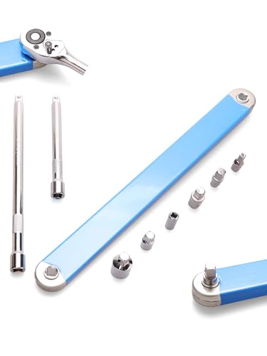 Offset Extension Wrench Set, 15.4 inch Zero Degree Ratchet with 1/2“, 3/8” and 1/4“ Square Drive Adapters, 2 Ratchet Adapters, 2 Extensions Bars, Designed for Multi-Purpose Use in Hard to Reach Places