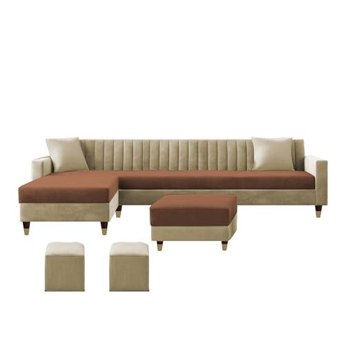 Image of Casaliving Garcia LHS 8 Seater L Shape Sofa Set with Ottoman & 2 Puffy for Living Room (Cream Brown Colour) Premium Fabric Sofa Set