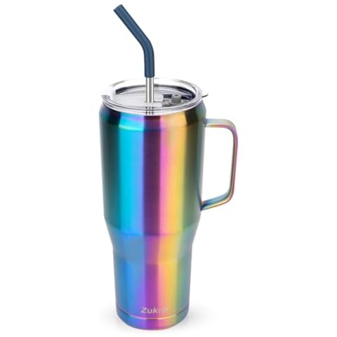 Zukro 50 oz Mug Tumbler With Handle and Straw, Vacuum Insulated Stainless Steel Large Cup with Lid,Fit in Cup Holder,No Sweat,Keep Drinks Cold 30 Hours, Dishwasher Safe,Aurora Cover