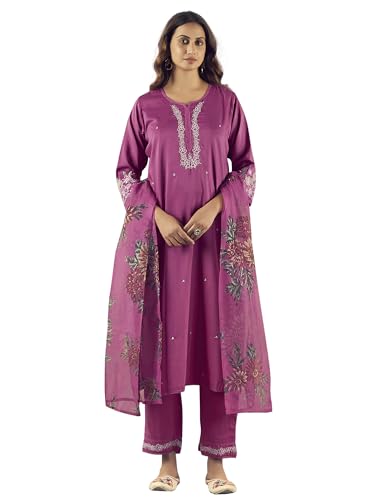 Image of INDO ERA Rayon Pink Straight Embroidered Kurta With Pant & Dupatta Set For Women