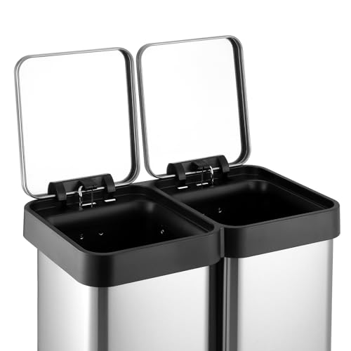 GarveeHome 16 Gallon Step-Open Dual Trash and Recycling Bin with Soft-Close Lid, Modern, Minimalistic for Home, Kitchen, Laundry Room, Office, Bedroom, Bathroom, Without Inner Bucket, 60L(2x30L)