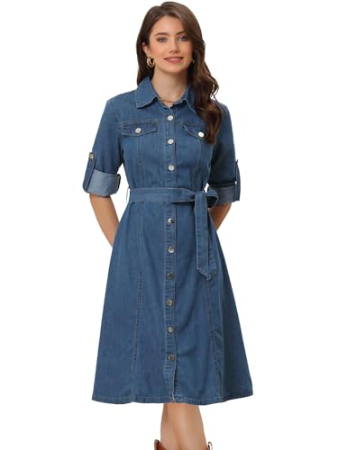 Allegra K Denim Dress for Women's Long Sleeve Button Down A-Line Belted Classic Jean Dresses X-Small...