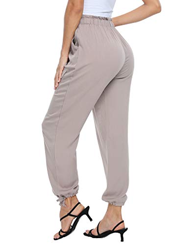 andy & natalie Women\'s Elastic Waist Pants Drawstring Cargo Paper Bag Pockets Ankle Tie Jogger Sweatpants Trouser Khaki