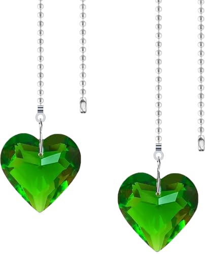 Image of 2Pcs Crystal Ceiling Fan Pull Chain Extender with Connector, 12 inch | K9 Crystal Glass, Not Acrylic, Heart Prism, Cut-To-Length Adjustable, Snap-On Connector For Fan, Light, Lamp (Green)