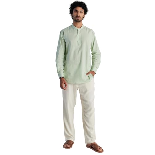 Image of SAADAA Men's Short Kurta - Linen Cotton Blend, Airy Fabric, Regular Fit, Mandarin Collar, Solid Color - Casual, Festive & Ethnic Wear