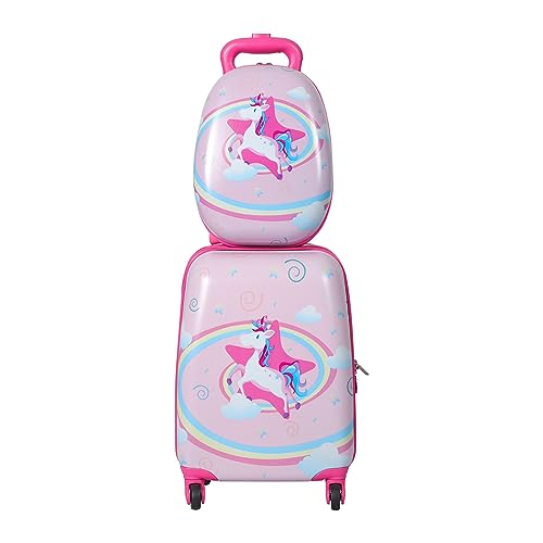 Bopeep 16''13'' 2PCS Kids Luggage Set Travel Suitcase Child Space Backpack Carry On Children Travel Rolling Trolley Suitcase, Retractable Handle, Lightweight Trolley Case for Boys Girls (Unicorn)