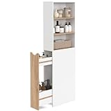 IDMarket - Mueble de baño TOMI que ahorra espacio con 2 niveles, cajones y 3 estantes en haya y blanco