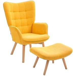 HOMCOM Sessel mit Hocker, Ohrensessel mit Hoher Rückenlehne, Holzbeine, Loungesessel mit getuftetem Design, Cord-Optik, für Wohnzimmer, Gelb