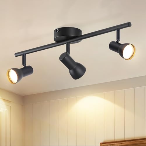 Deboola Plafón de 3 Spots Orientables 350°, Diseño Moderno en Metal Negro, Casquillo GU10, Ideal para Cocina, Salón, Dormitorio y Pasillo (Sin Bombillas Incluidas)