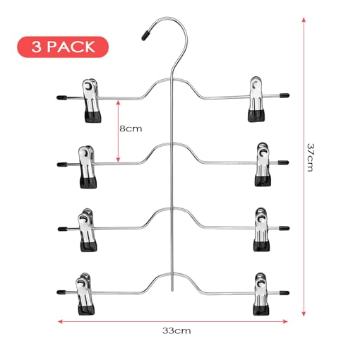 Tekenewbse 3 Stück Hosenbügel, Kleiderbügel Platzsparend 4 in 1, Rockbügel, rutschfest Hosenkleiderbügel Mit Verstellbaren Klammern, Metall Kleiderbügel für Hosen, Röcke, Schals, Jeans, Kleidung