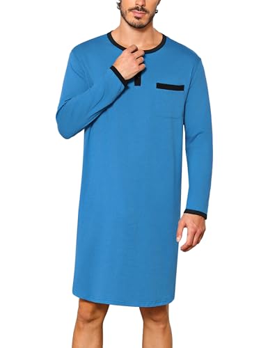 Uniexcosm Camisa de Dormir para Hombre Pijama Hombre Manga Larga Camisón de Algodón Camisa para Dormir Ropa de Dormir Pijama Suave Transpirable Cómodo Azul XXL