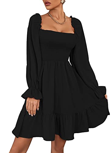 LYANER Women's Square Neck Lantern Long Sleeve Ruffle Shirred Flowy Party Mini Dress3