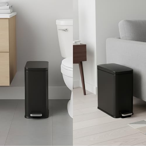 Image of iTouchless 3 Gallon Small Wastebasket for Bathroom with Lid, Deodorizer, Soft-Step Stainless Steel Slim Garbage Bin, 12 L Black Small Trash Can, Step Pedal, Modern Farmhouse Decor for Powder Room