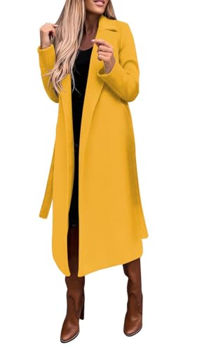utcoco Womens Long Wool Pea Coats Notched Collar Open Front Woolen Blend Trench Coat with Belt (XX-Large, Yellow)