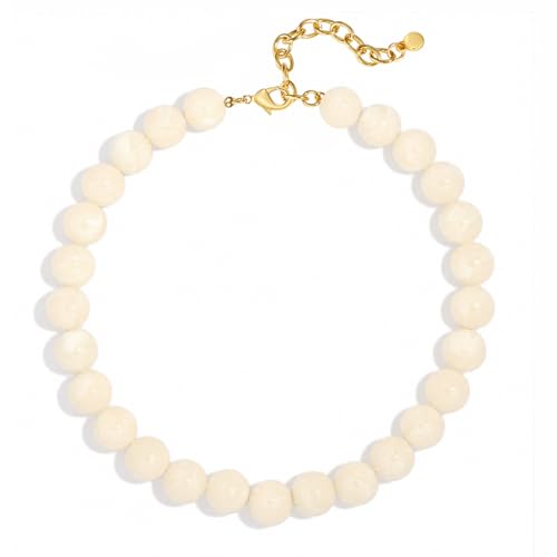 ZHDHDQ Beige Chunky Beaded Necklace, Statement White Round Ball Beads Choker Necklace with Gold-Tone Adjustable Chain, Fashion Bold Neck Jewelry for Women