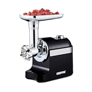 Geepas Electric Meat Grinder | Stainless Steel Meat Mincer & Sausage Stuffer, Food Grinding Mincing Machine with Kibbe | 3 Different Cutting Plates, Reverse Function, 1800W, Plastic Housing, Black