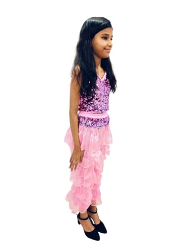 Image of BookMyCostume Western Dance Costume for Girls - Light Pink Sequin Top & Palazzo Set | Stylish Strapless Halter Neck Dress | Annual Day Dance Dresses & Fancy Dress for Stage Shows | 8-10 Years