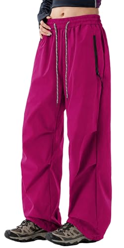 Image of FEOYA Waterproof Pants Women Light Rain Pants Parachute Drawstring Cuffs | Elastic Drawstring Waist,Zipper Large Pockets,Quick-Dry Water-Repellent Baggy Cargo Pants,Camping Hiking Pants Travel Casual