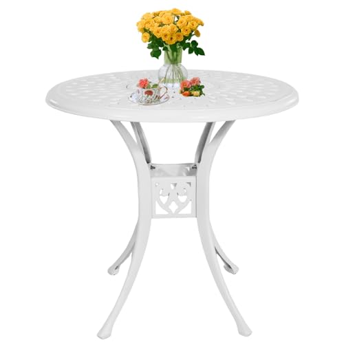 Image of 30 inches Patio Table with Umbrella Hole, Round Cast Aluminum Bistro Table for Porch Backyard, White