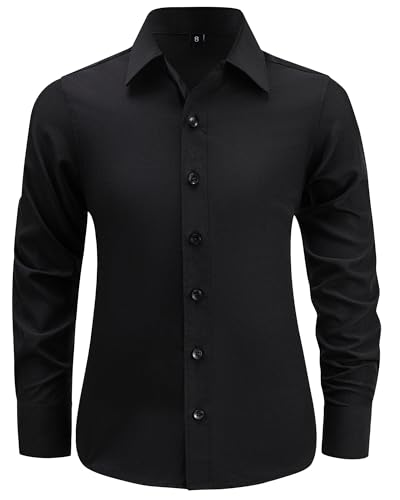 BlissBuggy Boys Dress Shirt Wrinkle-Free Stretch Button Down Shirt Kids Long Sleeve Formal Button Up Shirt Black