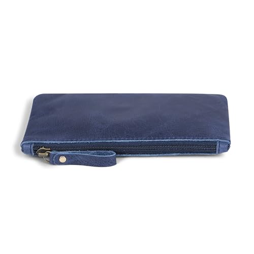 Image of Blue Leather Pencil Pouch with Zipper - Slim Pen Holder (8 inch x 4 inch Inches), Coin Pouch & Cash Holder, Genuine Leather Pencil Case, Money Organizer, Multipurpose Accessory Case for Men & Women