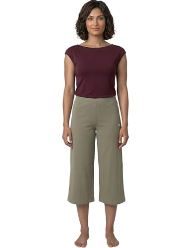 Image of Enamor Mid Rise Crop Length Slip on Shop in Culotte for Women - Relaxed Fit, Super Soft - E064 Deep Lichen Green