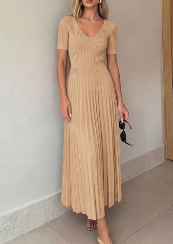 PRETTYGARDEN Women's 2026 Spring Midi Sweater Dresses Elegant Pleated Ribbed Knit Short Sleeve V Neck A Line Summer Outfits (Khaki,X-Large) — view 5