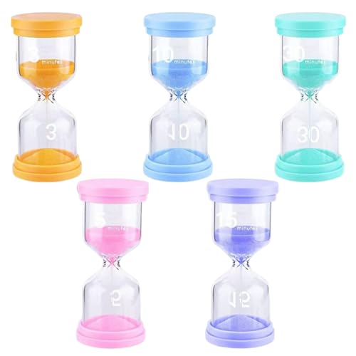 5 Artículos Reloj de Arena Niños, Material de Vidrio 3/5/10/15/30 Minutos, Reloj de Arena Ayuda de Aprendizaje de Colores, Adecuado para Escuelas, Cocinas, Oficinas y Hogares