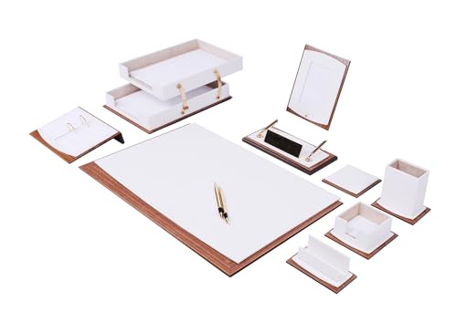 Ensemble de bureau en cuir de luxe et bois de noyer blanc 11 pièces