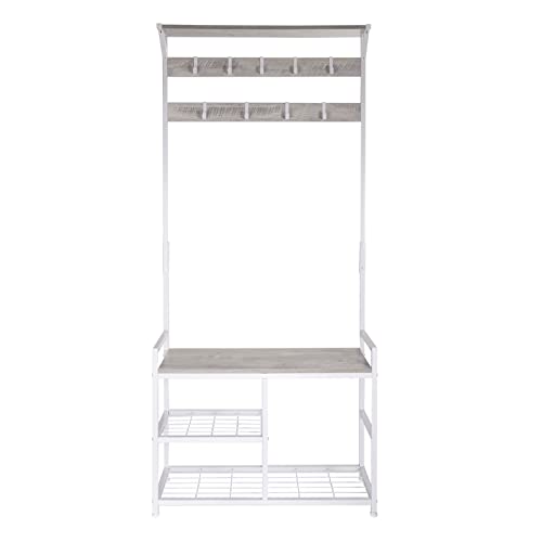 Homekoko Coat Rack Shoe Bench, Hall Tree Entryway Storage Bench, Wood Look Accent Furniture With Metal Frame, 3-In-1 Design (White & Greige) #TOP5
