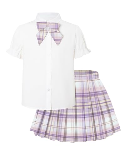 Image of Betusline Girls Skirt Set JK School Uniform 2-Piece Outfit - Short Sleeve Shirt with Bow & Pleated Skirt 4T-14Y