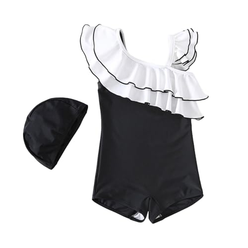 Toddler Swimsuit Girl Kids Color Block Ruffle Sleeveless One Shoulder Bathing Suit Summer Swimwear with Swim Hat