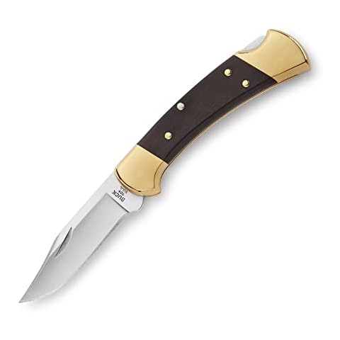 Buck Knives 112 Ranger Lock-back Knife, Brass Bolsters, Ebony Handles, 3" 420HC Blade with Leather Sheath Cover