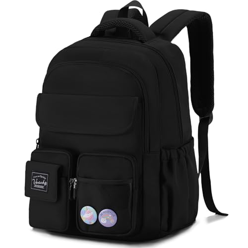 VASCHY Backpack for Girls, Cute School Bag Bookbag for Elementary Middle Schooler Teen Girls/Kids Travel with Clear Pin Pouch Black