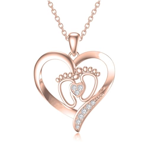 Diamond Baby Feet Necklaces for Women 925 Sterling Silver Mother Heart Pendant Baby Footprint Necklace for Mom-to-Be Gift Diamond Jewelry