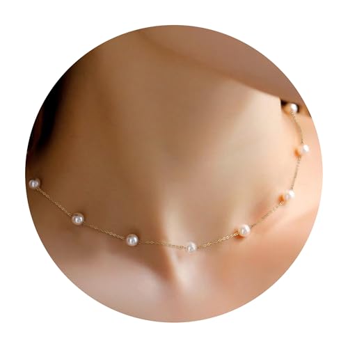Trinckle Gold Pearl Necklace, 6 MM Pearl Choker Necklace 15'' Pearl Necklaces for Women Dainty Choker as Birthday Gifts for Teens Pearl Strands Prom Jewelry Wedding Bride Bridesmaid Gifts