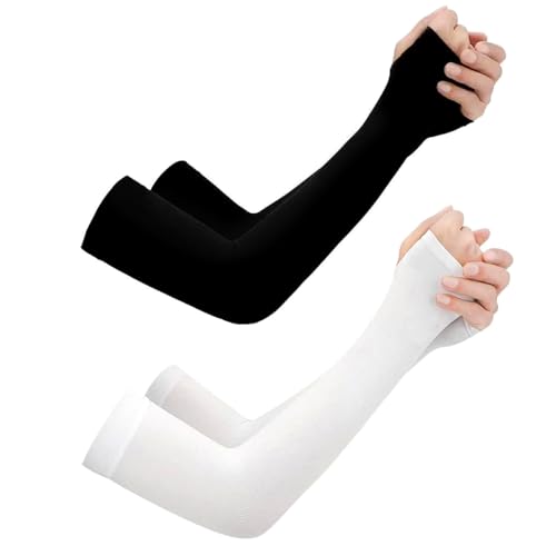 2XK-NOV Armstulpen Damen Armschoner Volleyball - Hochwertige Rutschfeste Armlinge Kompressions Manschetten für Herren und Damen UPF50+ Arm Sleeves Sport 2 Paar (Daumenstil Schwarz+Weiß)