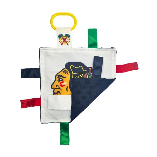 Image of The Learning Lovey Chicago Blackhawks Baby Tag Toy - NHL Hockey Baby Sensory Crinkle Toys - Soft & Safe - Ideal Baby Stroller Toy - BPA Free w /Stroller Clip (8 inch x 8 inch Tag Toy)