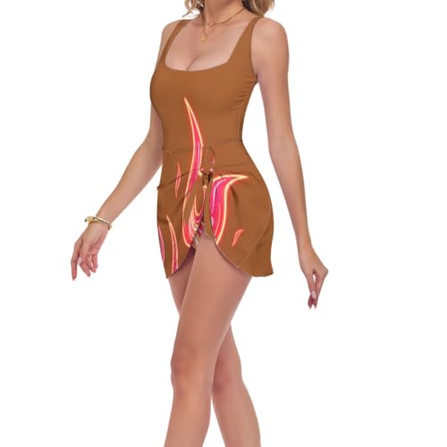 Maillot de bain push-up col dégagé marron imprimé flammes fluo à effet gainant