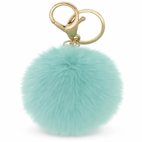 iAccessories Fluffy Faux Fur Pom Pom Ball Key Ring | Keychain Charm for Girls Bags, Wallets and Luggage - Mint Green