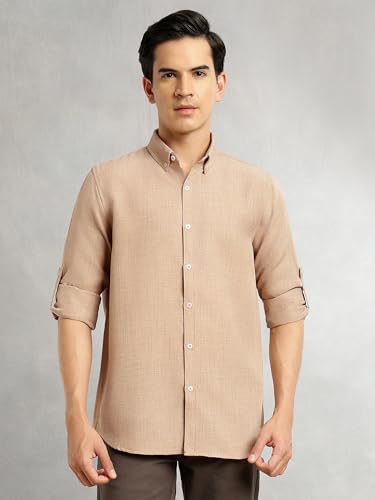 Image of Thomas Scott Men's | Solid | Textured Fabric | Full Sleeve | Slim Fit | Polyester-Blend | Spread Collar | Casual Shirt