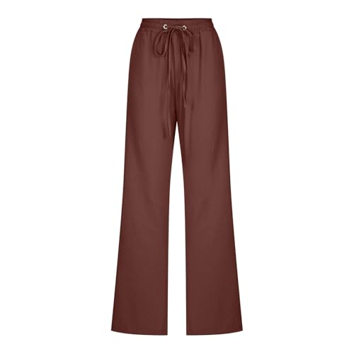 Image of Linen Pants Women High Waisted Drawstring Casual Pant Cotton Linen Straight Leg Lounge Trousers with Side Pockets