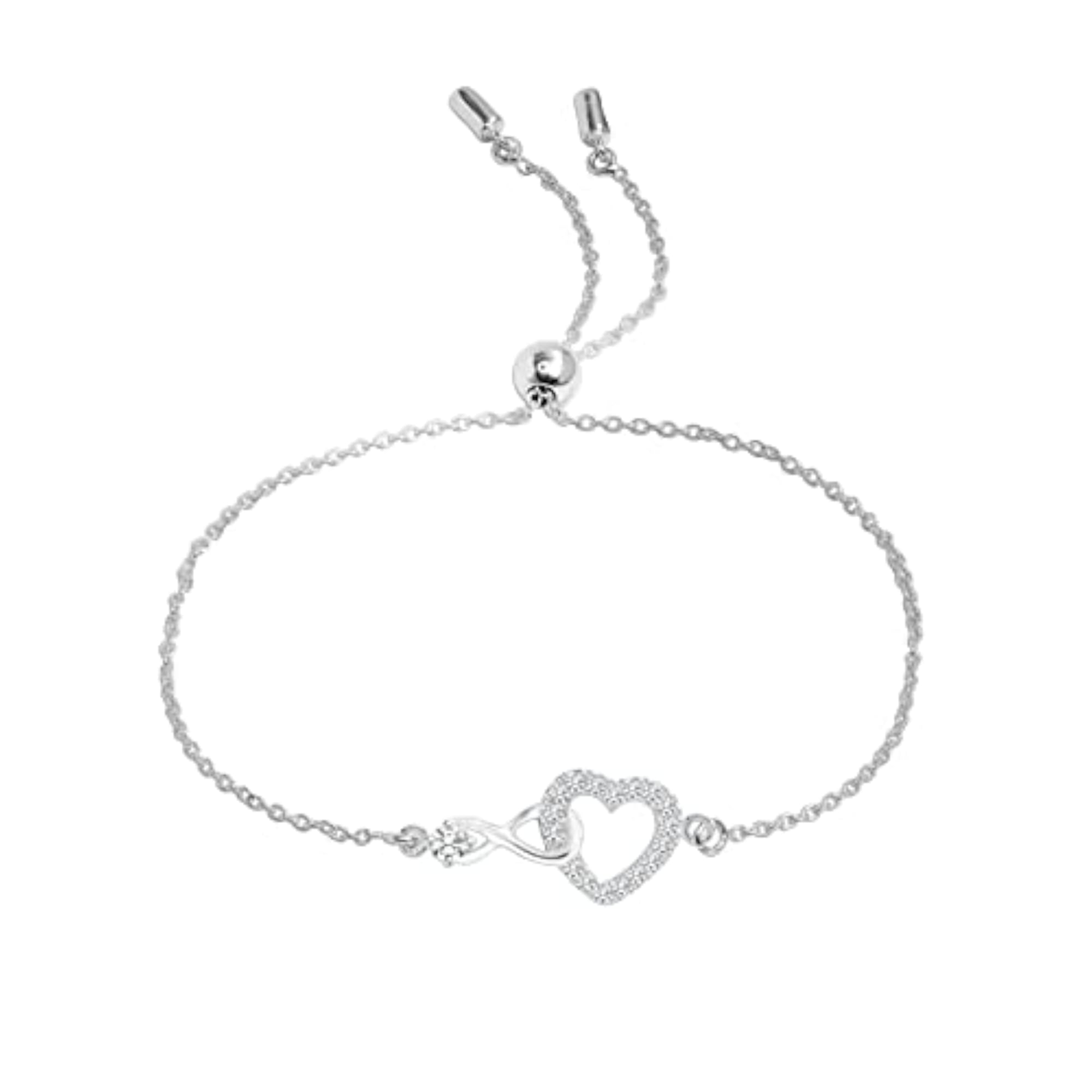 Women's 925 Sterling Silver Infinity Crystal Heart Bolo Bracelet