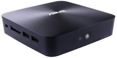 Angled front view of the ASUS Mini PC, showing the power button, USB ports, and an SD card slot.