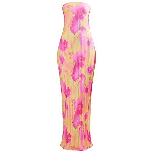 KMBANGI Womens Pleated Tube Maxi Dress Sleeveless Sexy Off Shoulder Strapless Long Dress Tie Up Backless Party Dress(Pink,S)