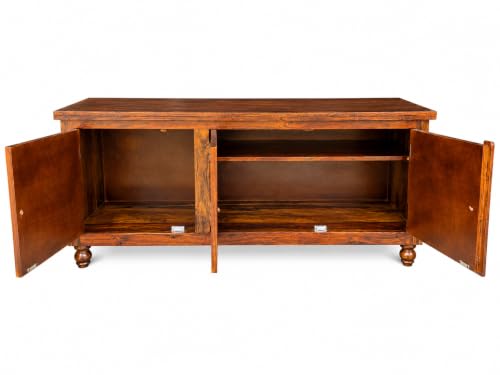 Image of Sheesham Wood TV Unit Cabinet with Handcrafted Ceramic Tile Doors | Natural Finish | 3 Door TV Console Entertainment Center | Storage Cabinet for Living Room (57 x 18 x 23 Inches)